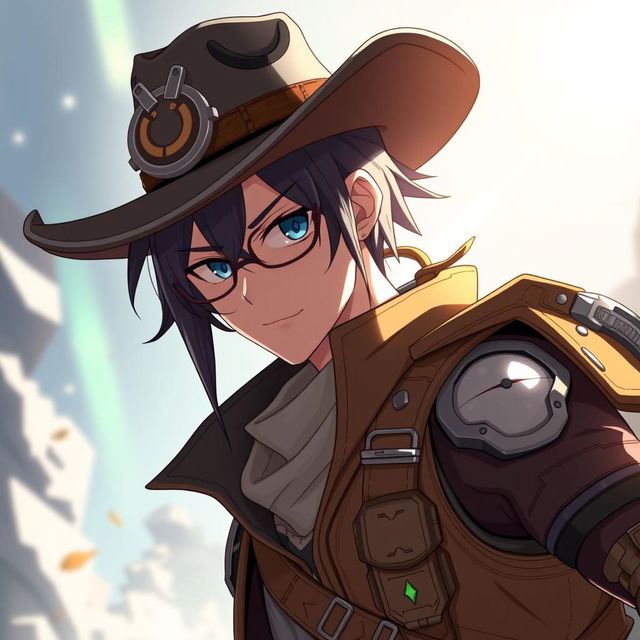 A character inspired by Sinon from Sword Art Online Alicization but reimagined as a male, blended with elements of McCree from Overwatch