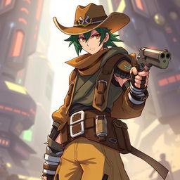 A character inspired by Sinon from Sword Art Online Alicization but reimagined as a male, blended with elements of McCree from Overwatch