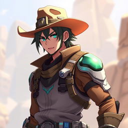 A character inspired by Sinon from Sword Art Online Alicization but reimagined as a male, blended with elements of McCree from Overwatch