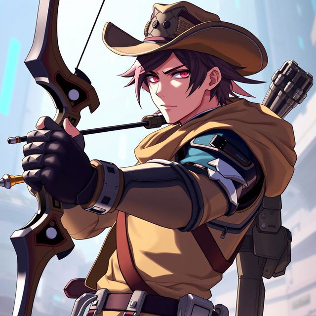 A character inspired by Sinon from Sword Art Online Alicization, reimagined as a male, blended with elements of McCree from Overwatch and equipped with Sinon's signature bow