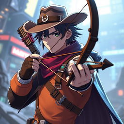 A character inspired by Sinon from Sword Art Online Alicization, reimagined as a male, blended with elements of McCree from Overwatch and equipped with Sinon's signature bow