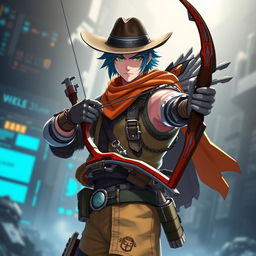 A character inspired by Sinon from Sword Art Online Alicization, reimagined as a male, blended with elements of McCree from Overwatch and equipped with Sinon's signature bow