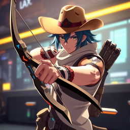 A character inspired by Sinon from Sword Art Online Alicization, reimagined as a male, blended with elements of McCree from Overwatch and equipped with Sinon's signature bow