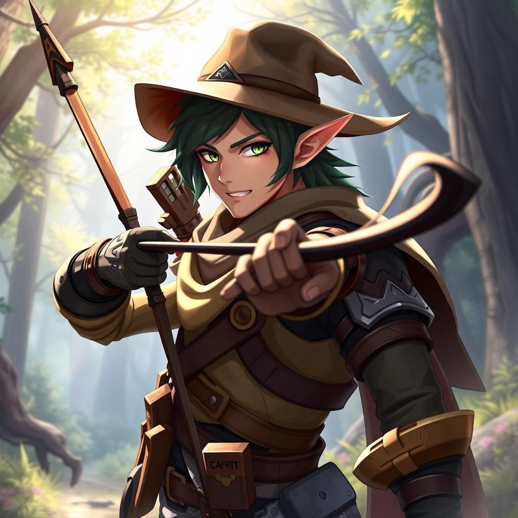 A character inspired by Sinon from Sword Art Online Alicization, reimagined as a male elf, blended with elements of McCree from Overwatch and equipped with Sinon's signature bow