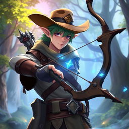 A character inspired by Sinon from Sword Art Online Alicization, reimagined as a male elf, blended with elements of McCree from Overwatch and equipped with Sinon's signature bow