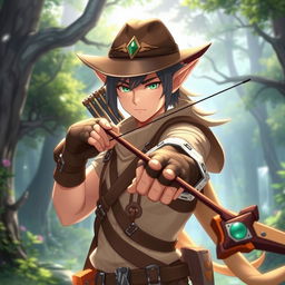 A character inspired by Sinon from Sword Art Online Alicization, reimagined as a male elf, blended with elements of McCree from Overwatch and equipped with Sinon's signature bow