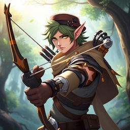 A character inspired by Sinon from Sword Art Online Alicization, reimagined as a male elf, blended with elements of McCree from Overwatch and equipped with Sinon's signature bow