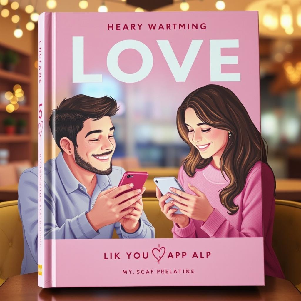 A heartwarming book cover depicting a modern love story through a smartphone app