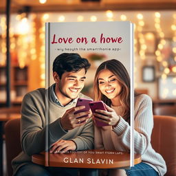 A heartwarming book cover depicting a modern love story through a smartphone app