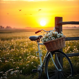 A dreamy and nostalgic scene featuring a vintage bicycle leaning against a rustic wooden fence