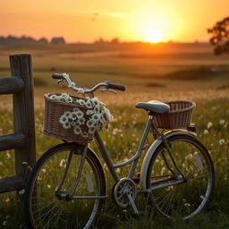 A dreamy and nostalgic scene featuring a vintage bicycle leaning against a rustic wooden fence