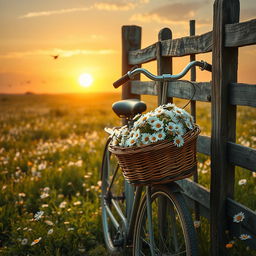 A dreamy and nostalgic scene featuring a vintage bicycle leaning against a rustic wooden fence