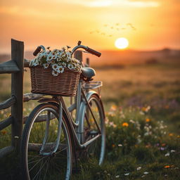 A dreamy and nostalgic scene featuring a vintage bicycle leaning against a rustic wooden fence