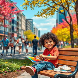 A vibrant and cheerful city scene featuring Romero, a lively and creative boy, sitting on a park bench with a smile on his face