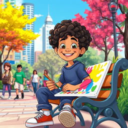 A vibrant and cheerful city scene featuring Romero, a lively and creative boy, sitting on a park bench with a smile on his face