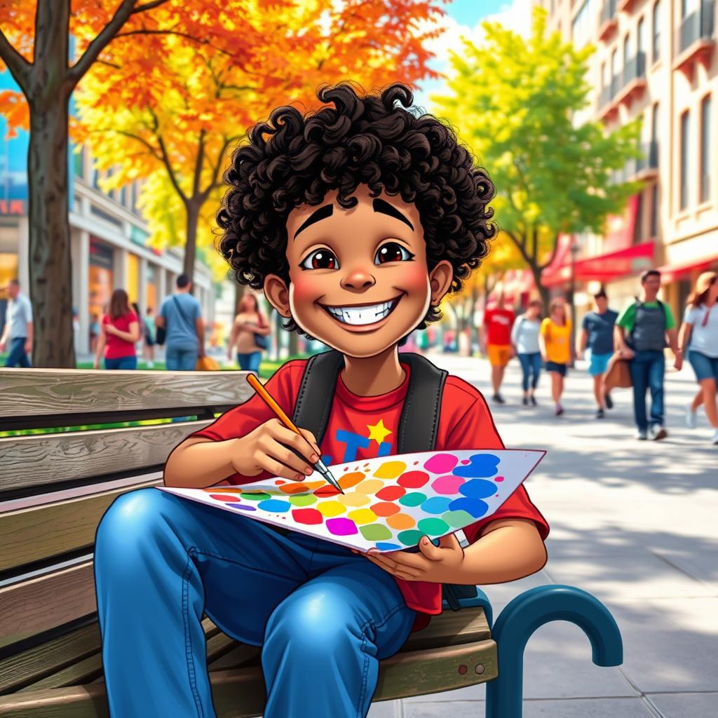 A vibrant and cheerful city scene featuring Romero, a lively and creative boy, sitting on a park bench with a smile on his face