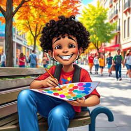 A vibrant and cheerful city scene featuring Romero, a lively and creative boy, sitting on a park bench with a smile on his face