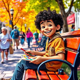 A vibrant and cheerful city scene featuring Romero, a lively and creative boy, sitting on a park bench with a smile on his face