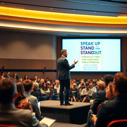 A confident public speaker standing on a stage, delivering a powerful speech to an engaged audience