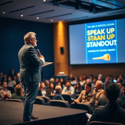 A confident public speaker standing on a stage, delivering a powerful speech to an engaged audience