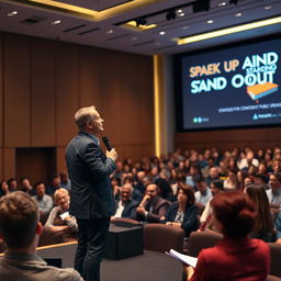 A confident public speaker standing on a stage, delivering a powerful speech to an engaged audience