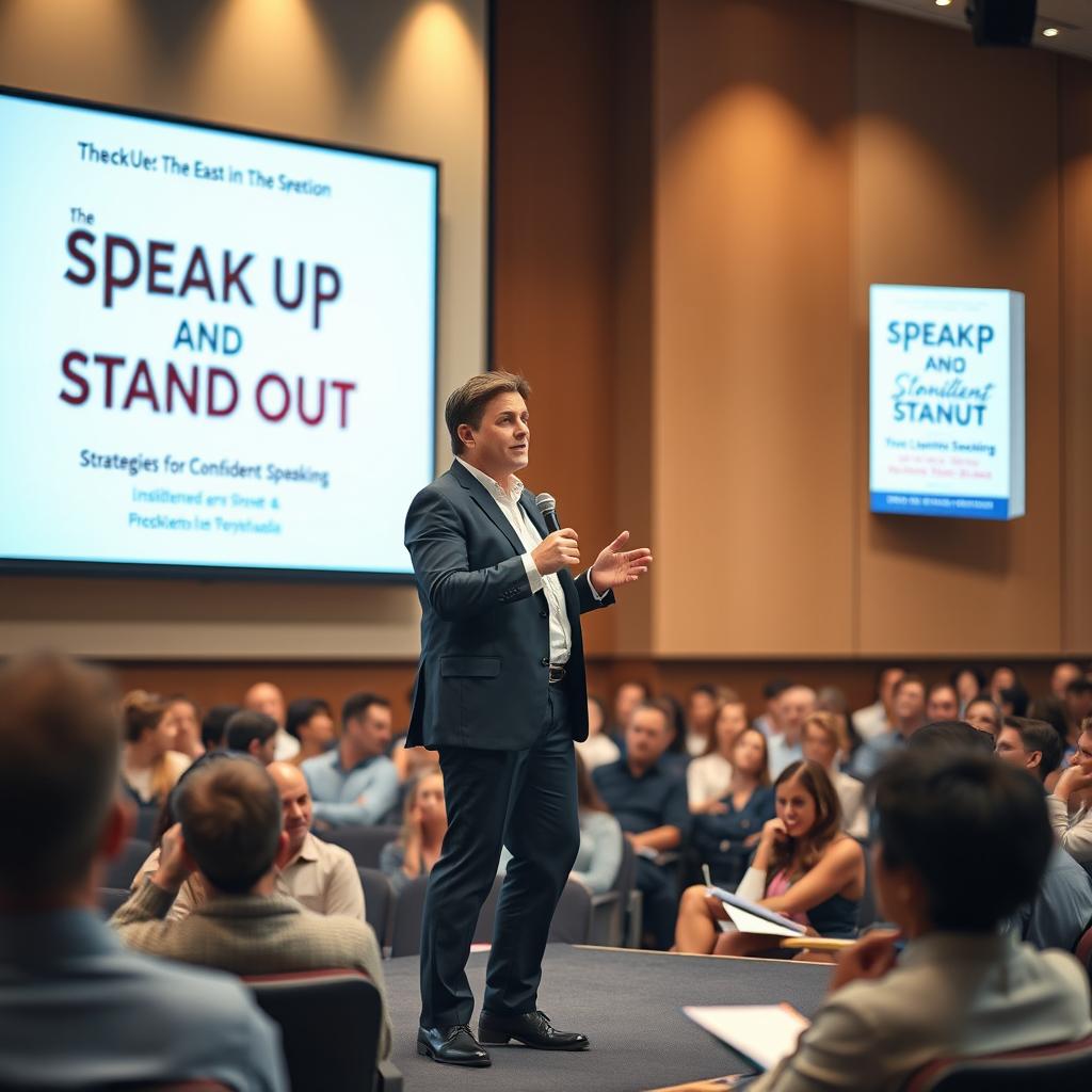 A confident public speaker standing on a stage, delivering a powerful speech to an engaged audience