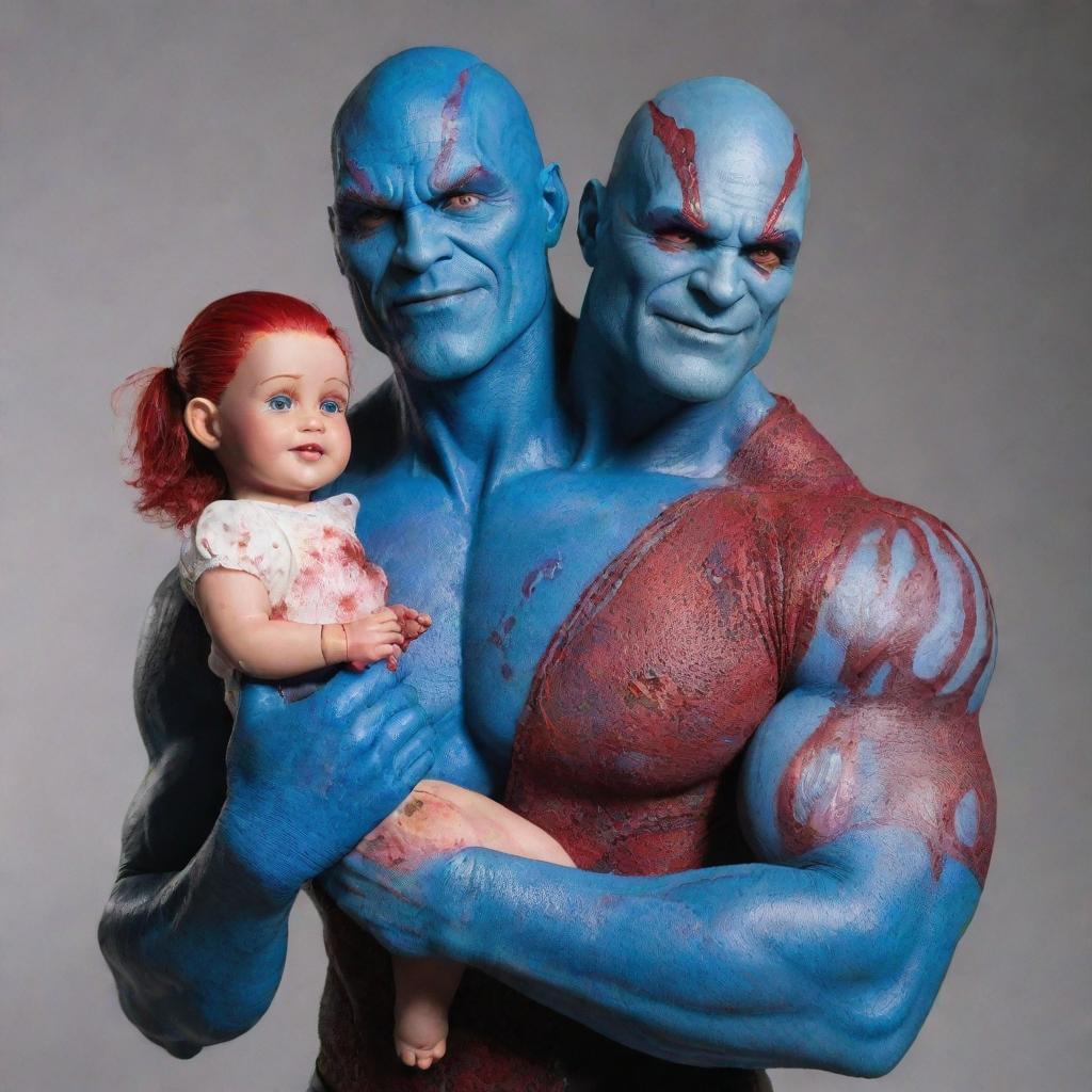 A large, muscular man, mirroring a hairless Drax, covered in blue skin adorned with red scars and blood. Despite his formidable exterior, he smiles broadly, exuding warmth and friendliness. In his strong hands, he gently holds a small, fully dressed female porcelain doll with hair.