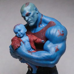 A large, muscular man, mirroring a hairless Drax, covered in blue skin adorned with red scars and blood. Despite his formidable exterior, he smiles broadly, exuding warmth and friendliness. In his strong hands, he gently holds a small, fully dressed female porcelain doll with hair.