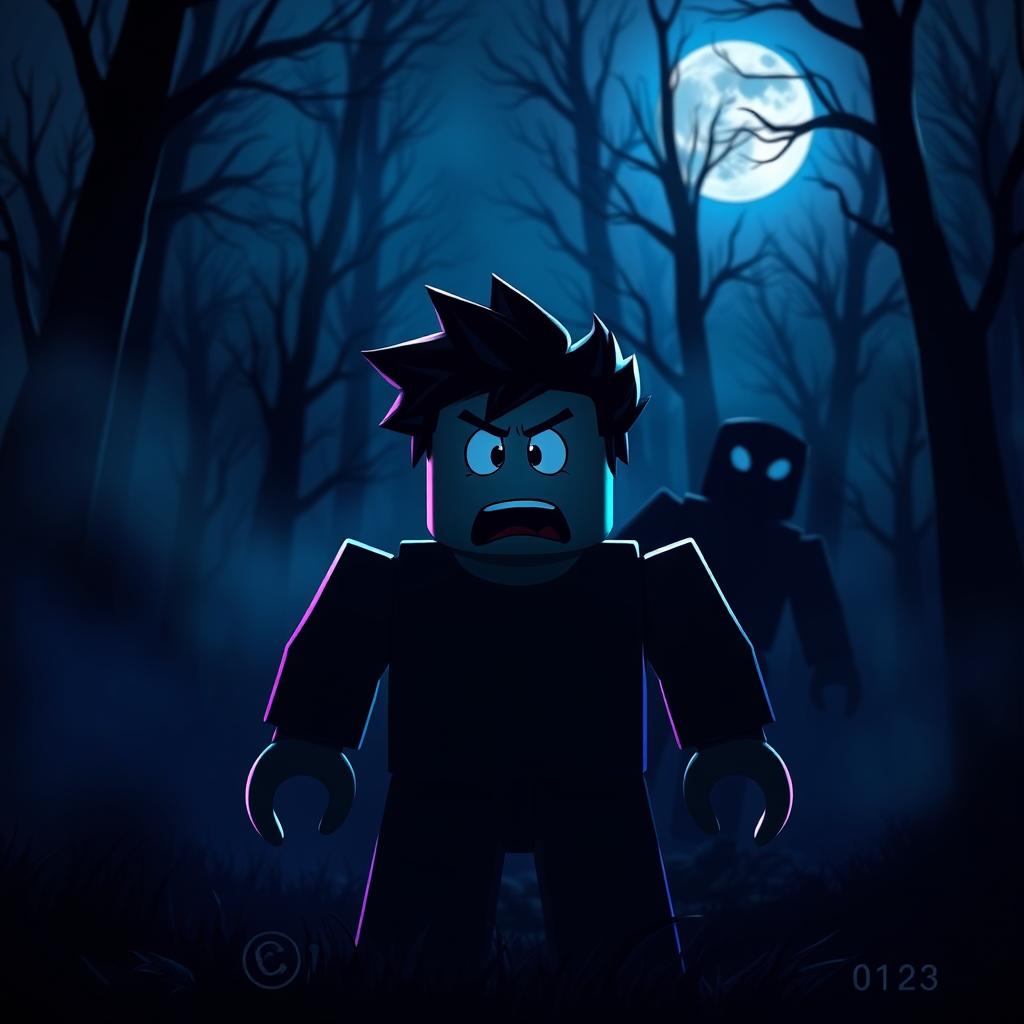 A Roblox character with a frightened expression, standing in a dark, eerie forest