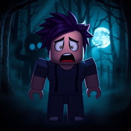 A Roblox character with a frightened expression, standing in a dark, eerie forest