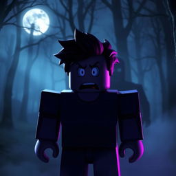 A Roblox character with a frightened expression, standing in a dark, eerie forest