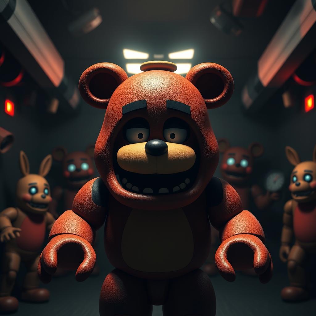 A Roblox character wearing a bear costume, reminiscent of Five Nights at Freddy's (FNAF), standing with a frightened expression inside a dimly lit FNAF-themed room