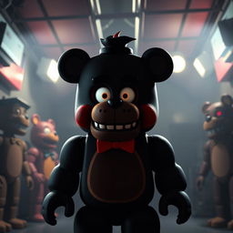 A Roblox character wearing a bear costume, reminiscent of Five Nights at Freddy's (FNAF), standing with a frightened expression inside a dimly lit FNAF-themed room