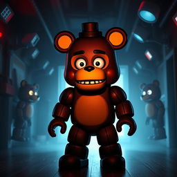 A Roblox character wearing a bear costume, reminiscent of Five Nights at Freddy's (FNAF), standing with a frightened expression inside a dimly lit FNAF-themed room