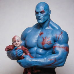 A large, muscular man, mirroring a hairless Drax, covered in blue skin adorned with red scars and blood. Despite his formidable exterior, he smiles broadly, exuding warmth and friendliness. In his strong hands, he gently holds a small, fully dressed female porcelain doll with hair.