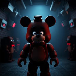 A Roblox character wearing a bear costume, reminiscent of Five Nights at Freddy's (FNAF), standing with a frightened expression inside a dimly lit FNAF-themed room