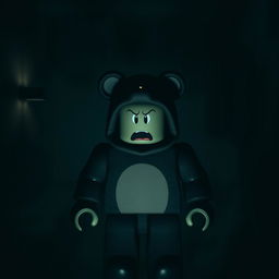 A Roblox character wearing a bear costume, showcasing a scared expression in a dark, atmospheric room