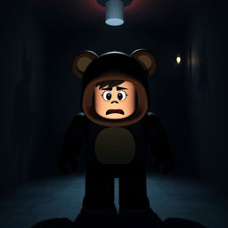 A Roblox character wearing a bear costume, showcasing a scared expression in a dark, atmospheric room