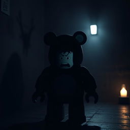 A Roblox character wearing a bear costume, showcasing a scared expression in a dark, atmospheric room