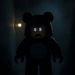 A Roblox character wearing a bear costume, showcasing a scared expression in a dark, atmospheric room