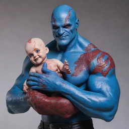 A large, muscular man, mirroring a hairless Drax, covered in blue skin adorned with red scars and blood. Despite his formidable exterior, he smiles broadly, exuding warmth and friendliness. In his strong hands, he gently holds a small, fully dressed female porcelain doll with hair.