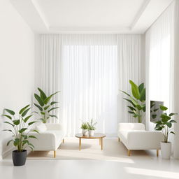 A minimalist living room design featuring white walls and elegant white curtains