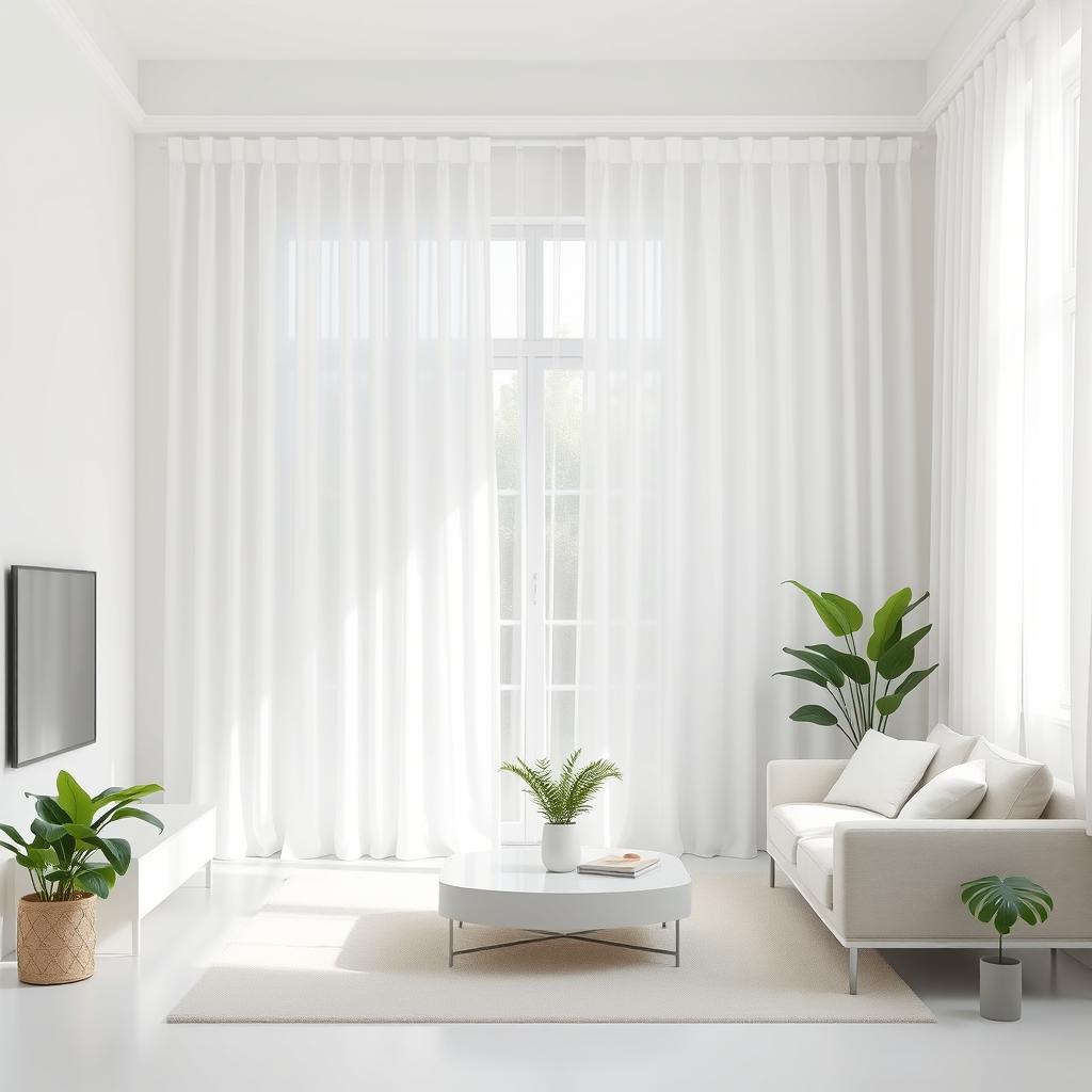 A minimalist living room design featuring white walls and elegant white curtains