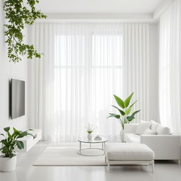 A minimalist living room design featuring white walls and elegant white curtains