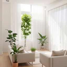 A minimalist living room design featuring white walls and elegant white curtains