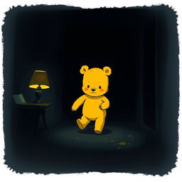 A cute, bear-like character with a fully yellow body, resembling a child, walking through a dark room