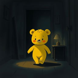 A cute, bear-like character with a fully yellow body, resembling a child, walking through a dark room