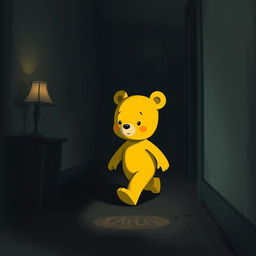 A cute, bear-like character with a fully yellow body, resembling a child, walking through a dark room