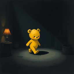 A cute, bear-like character with a fully yellow body, resembling a child, walking through a dark room