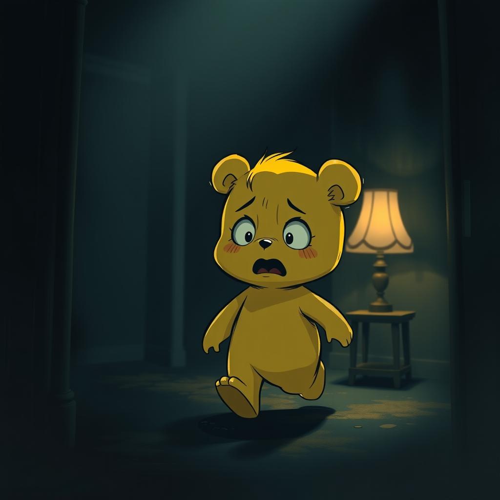 A cute, bear-like character with a fully yellow body, resembling a child, walking through a dark room with a scared expression